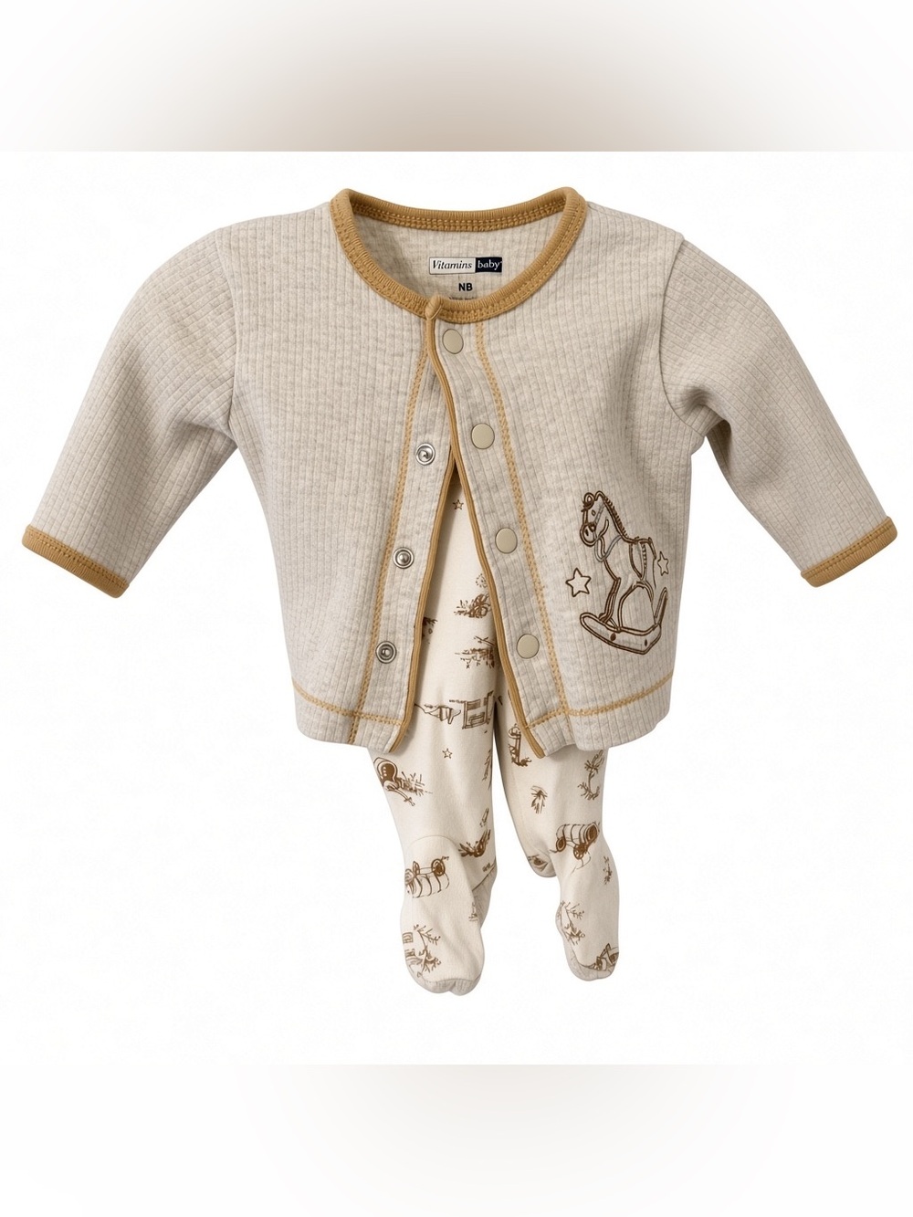 Vitamins Baby Beige & White Rocking Horse One-Piece Bodysuit Set